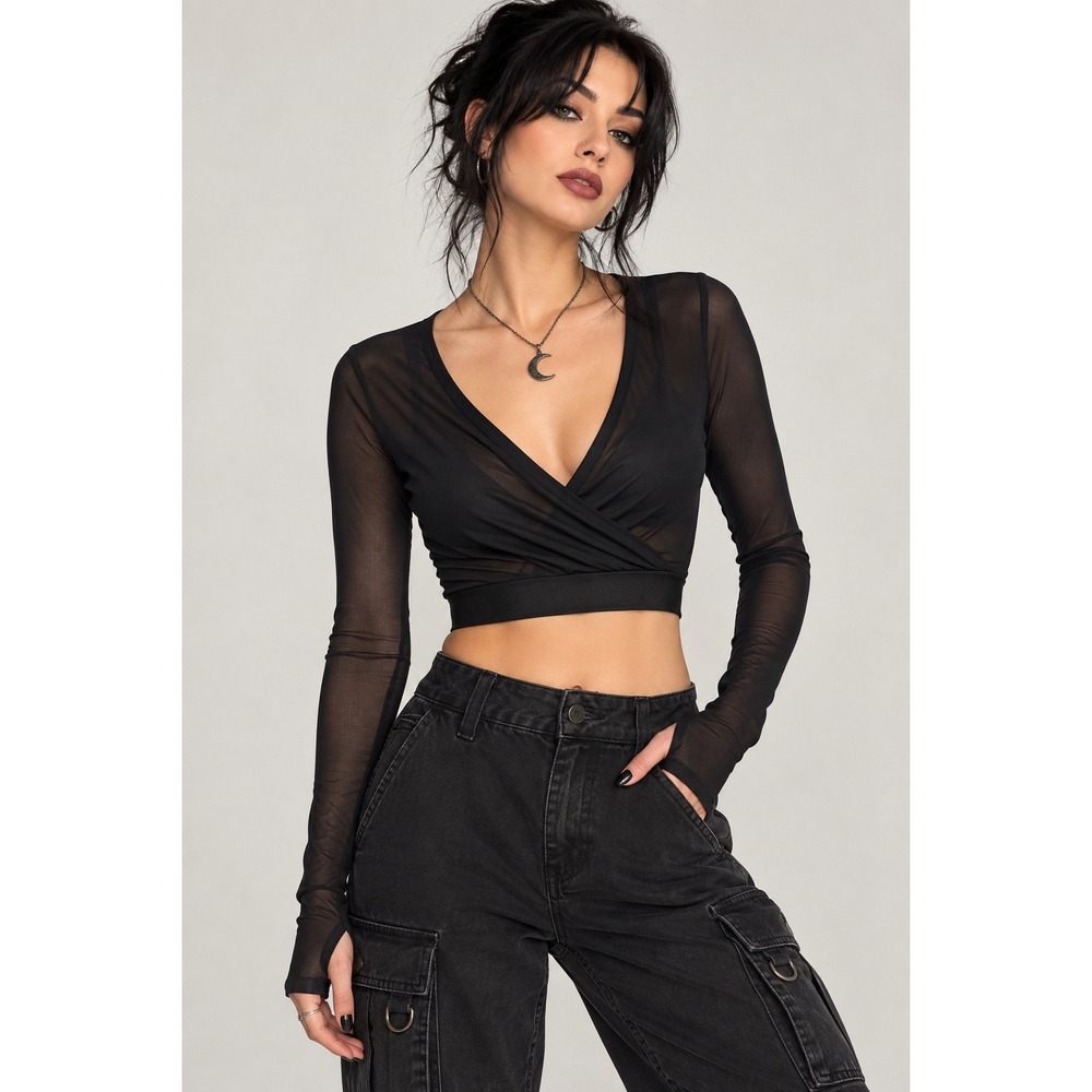 Goth Grunge Rave Going Out Balletcore Black Mesh Wrap Crop Top Small thumb holes